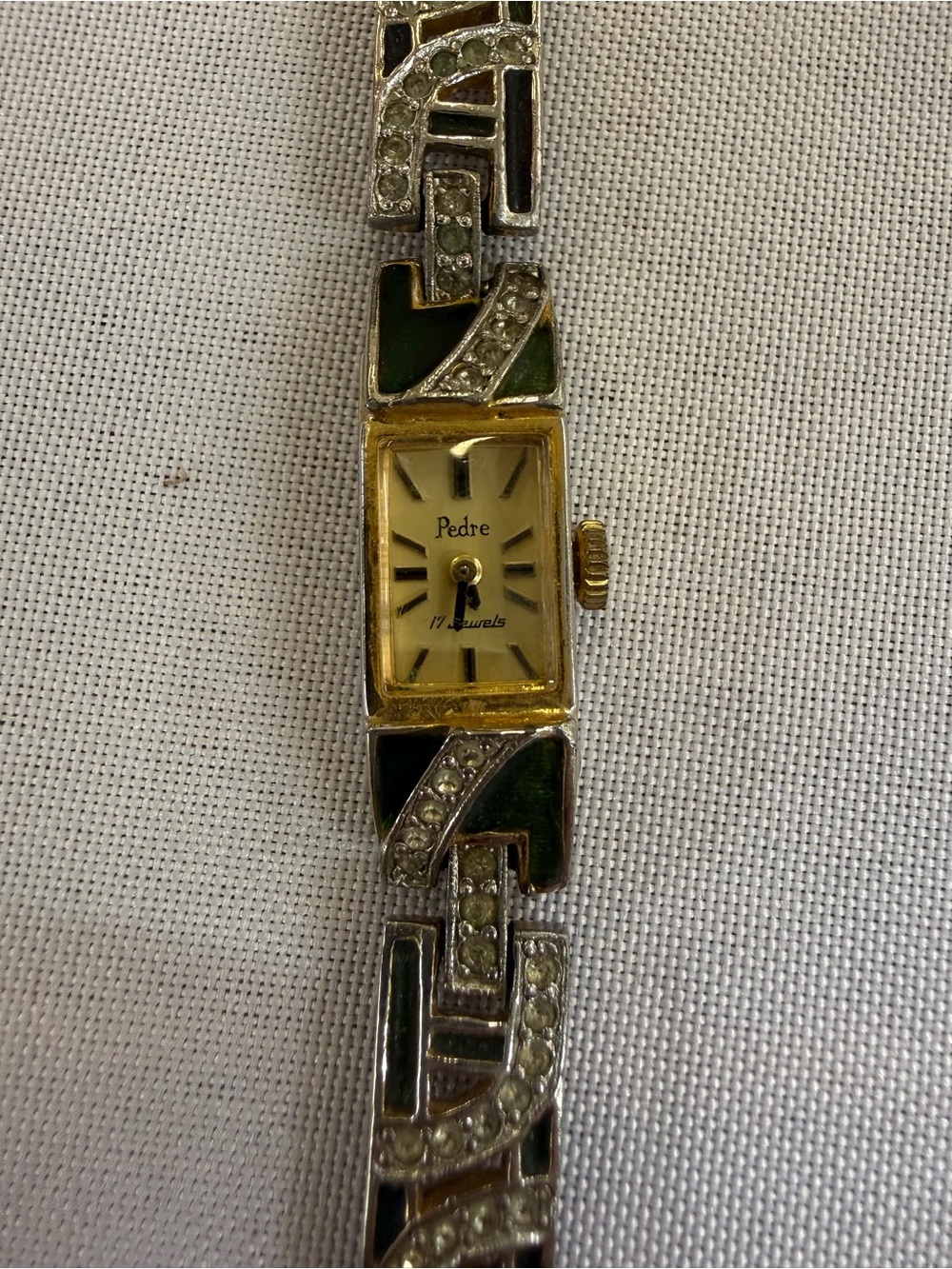 VTG Pedre Swiss 17 Jewels Watch Women Small 15mm Gold Tone Diamonds Rectangle